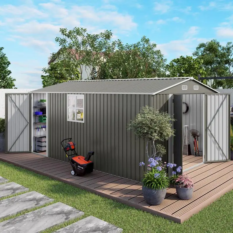 

10x14 FT Outdoor Metal Shed, Durable Garden Storage with 3 Lockable Doors & Clear Window, All-Weather Shelter for Bikes, Tools,