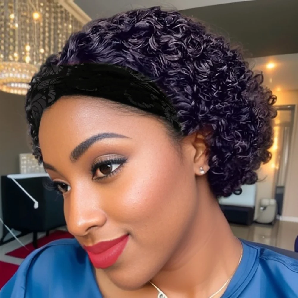 여성용 짧은 곱슬머리 머리띠 가발 인모 전체 기계 제작 가발