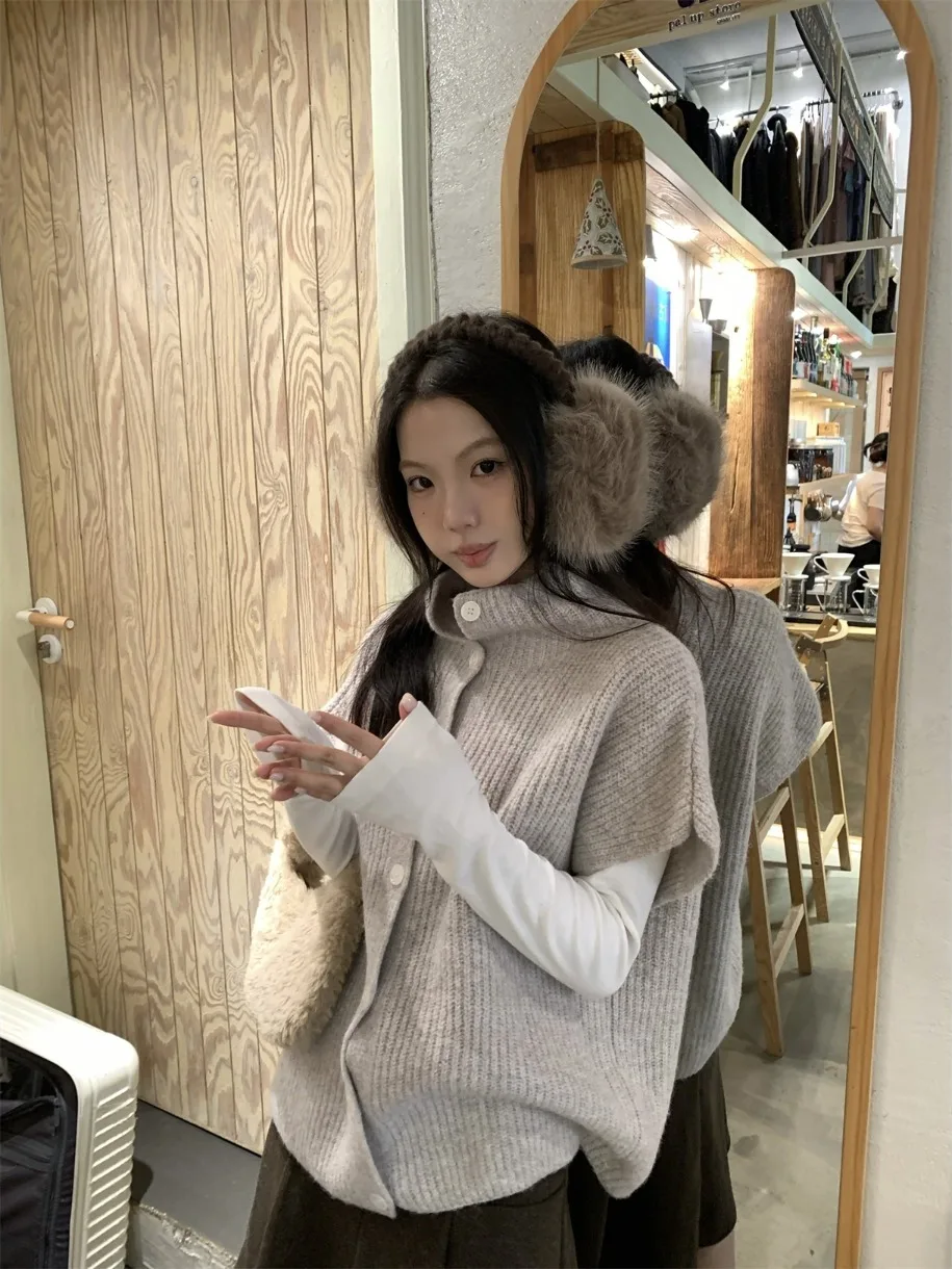 

Bla Cheese Almond Sweet Knitted Loose High Collar Sweater Open Cardigan Vest Women's Autumn Winter Faion