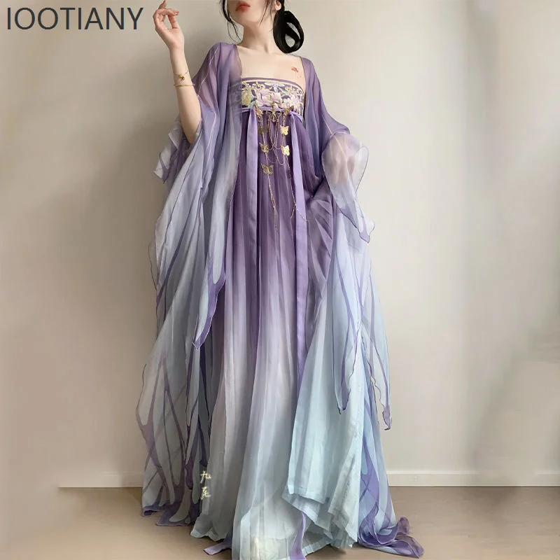 IOOTIANY Abito Hanfu Cinese Dinastia Tang Adulto Viola Femminile Costume Antico Gonna Ricamato Maniche Larghe Vestito Stampato