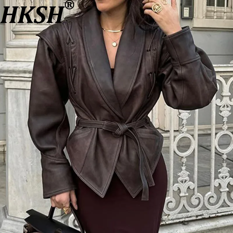 HKSH 春秋新作 レディース PUレザー ジャケット シングルボタン ベルト付き スリムフィット ストリートウェア ダークパンク ハイエンド トレンド インスコート HK14201
