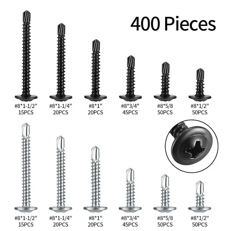 400Pcs Self-tapping Screws with Washers Set Stainless Steel+Black Sarbon Steel Cross Drill Tail Screws Nail Screw Assortment Kit