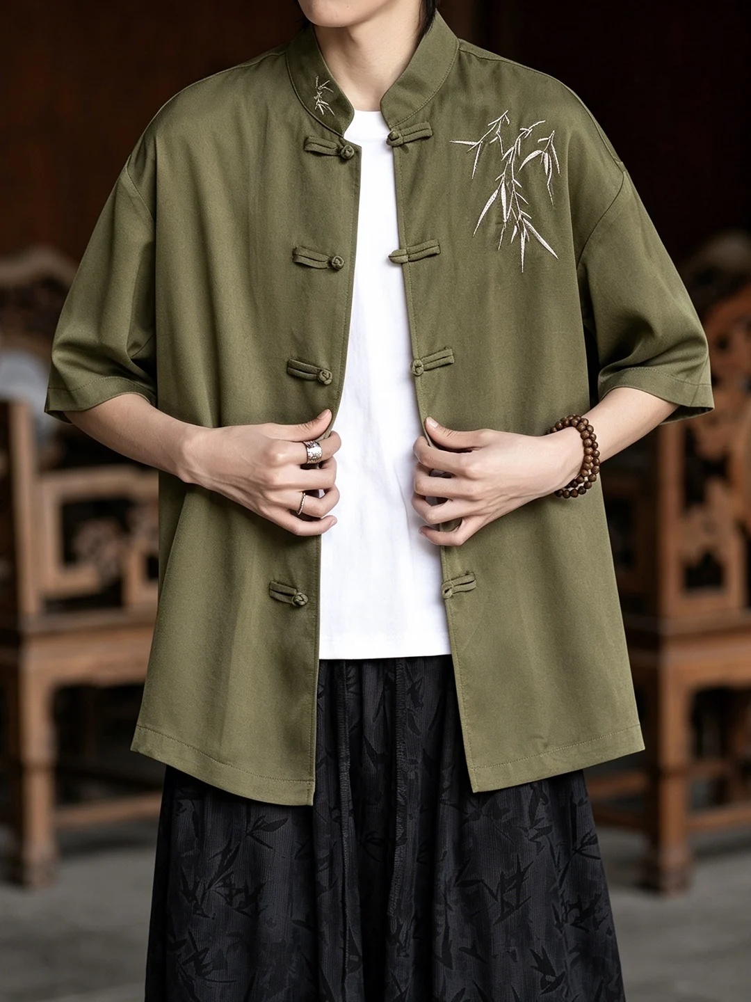 new-chinese-style-men's-short-sleeve-shirt-embroidered-bamboo-leaf-casual-breathable-large-size-linen-comfortable-summer-wear