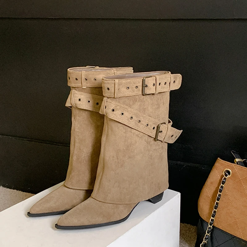 2025 موضة أشار تو المرأة الغربية حذاء من الجلد أنيقة كعب سميك أحذية Laides حزام مشبك الجوارب القصيرة Zapatos Mujer