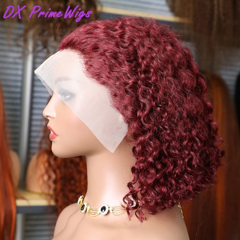 

Burgundy 99J Water Wave Lace Frontal Bob Wig Red Remy Short Cut Bob 100% Human Hair Wigs 200% Density Pre Plucked Wigs 8-16inch
