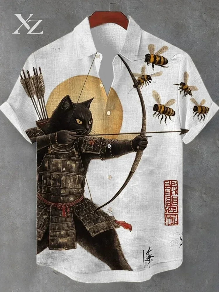 Men's Japanese Kyudo Print Hawaiian Beach Shirt 2025 Summer Holiday Black Cat Tribal Warrior Retro Tops with Lapel Collar