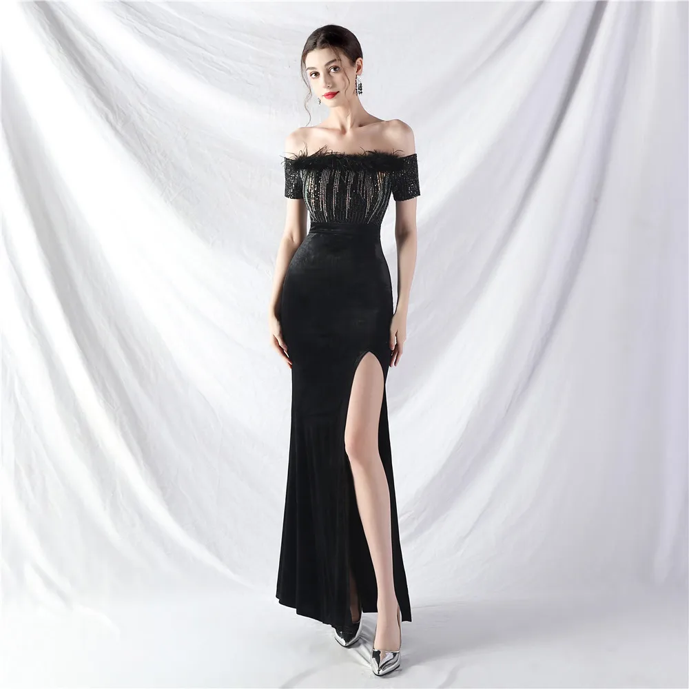 

Long Black Evening Dress 2024 Off The Shoulder Short Sleeves Sequined Velour High Quality Prom Party Gowns In Stock