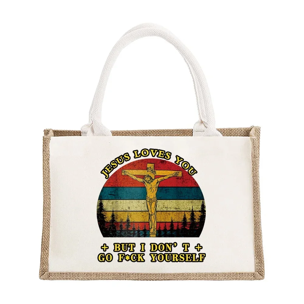 Large Capacity Storage Shopping Bag Environmentally Friendly Linen Single Shoulder Shopping Bags Item Storage Bag Jesus Printing