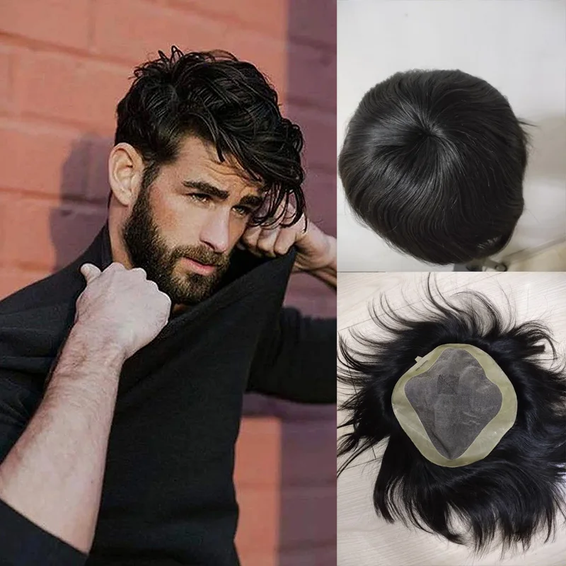 6'' Natural Black Men Toupee Mono+Pu Base Human Hair Wig Men's Capillary Prosthesis Durable System Australia French Lace Toupee