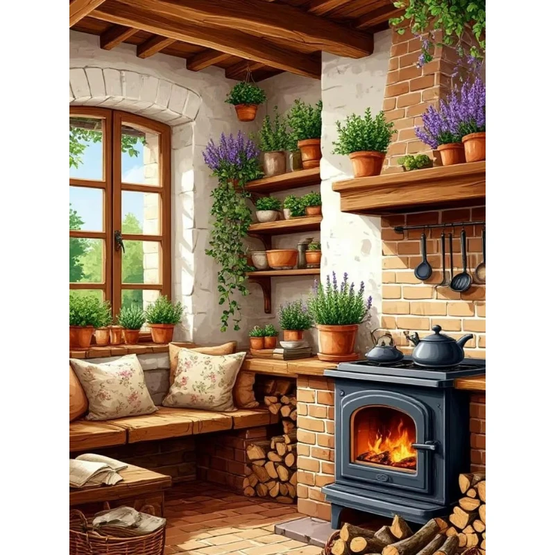 DIY Country Cottage Fireplace Plant Lavender Window Scenery Style Diamond Painting Mosaic Handmade Art Exquisite Wall Decoration
