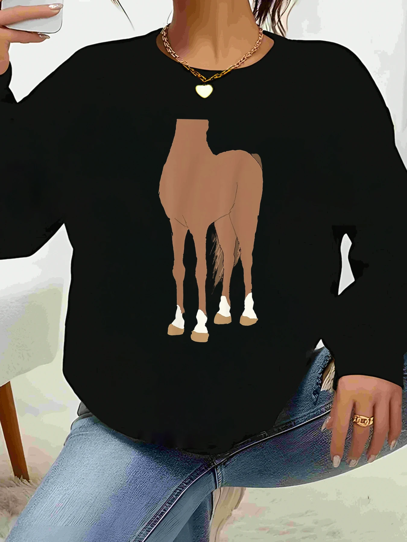 Pull à manches longues imprimé cheval pour femmes, tenue décontractée, tenue quotidienne