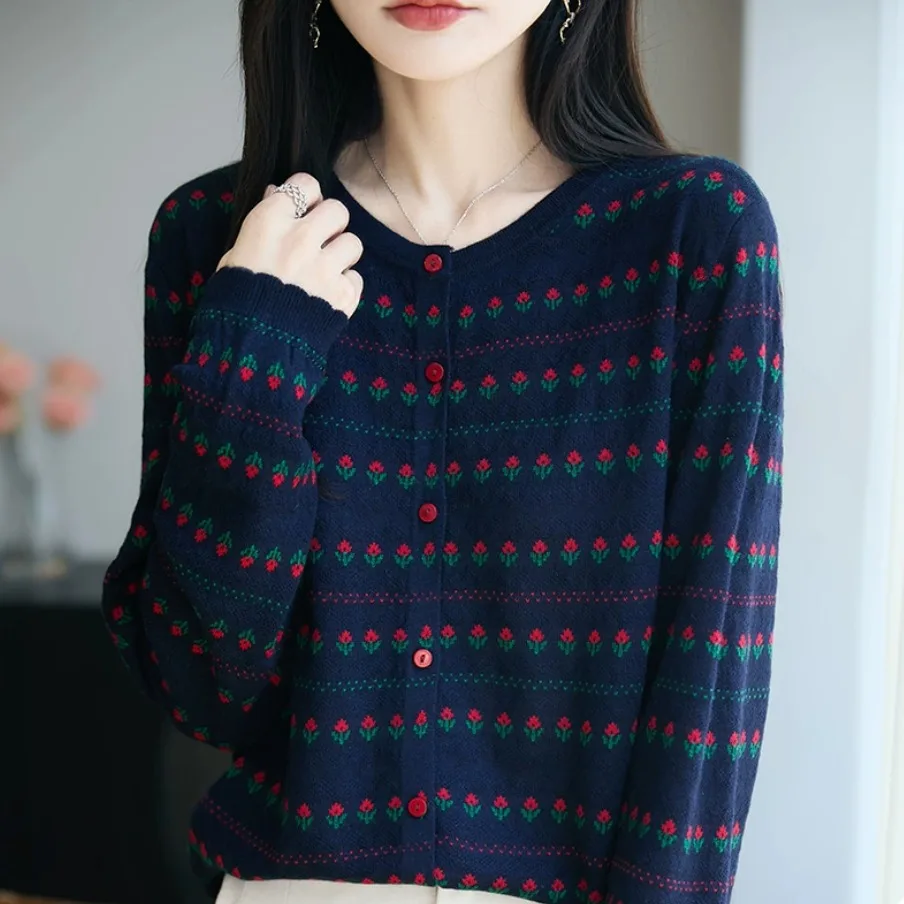 

Luxury Wool Knitted Sweater Women's Open Cardigan Outerwear Embroidered Knitwear Jaet Soft Long Sve round Ne Warmth