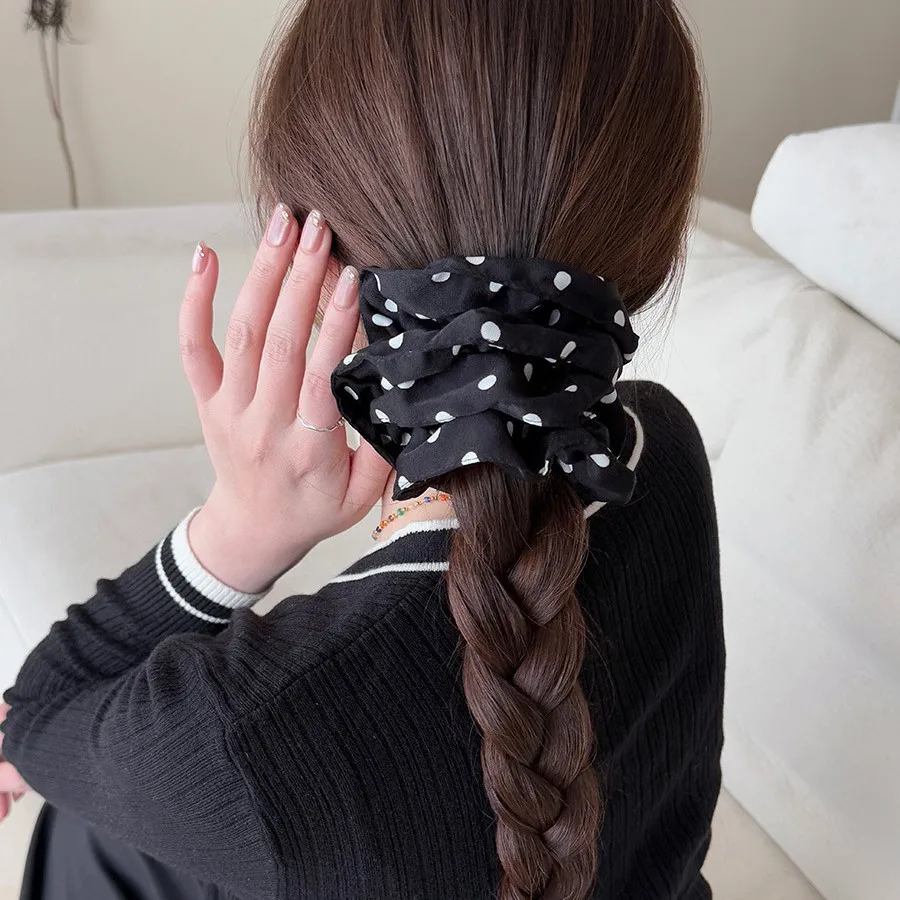 French Retro Polka Dot Satin Scrunchie Lazy Style Soft Elastic Hair Tie For Bun Premium Fabric Hair Accessory