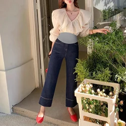 New Korean Fashion Hot Item Deep Blue Denim Maternity Stretch Cropped Jeans Summer Autumn Pants for Pregnancy Women