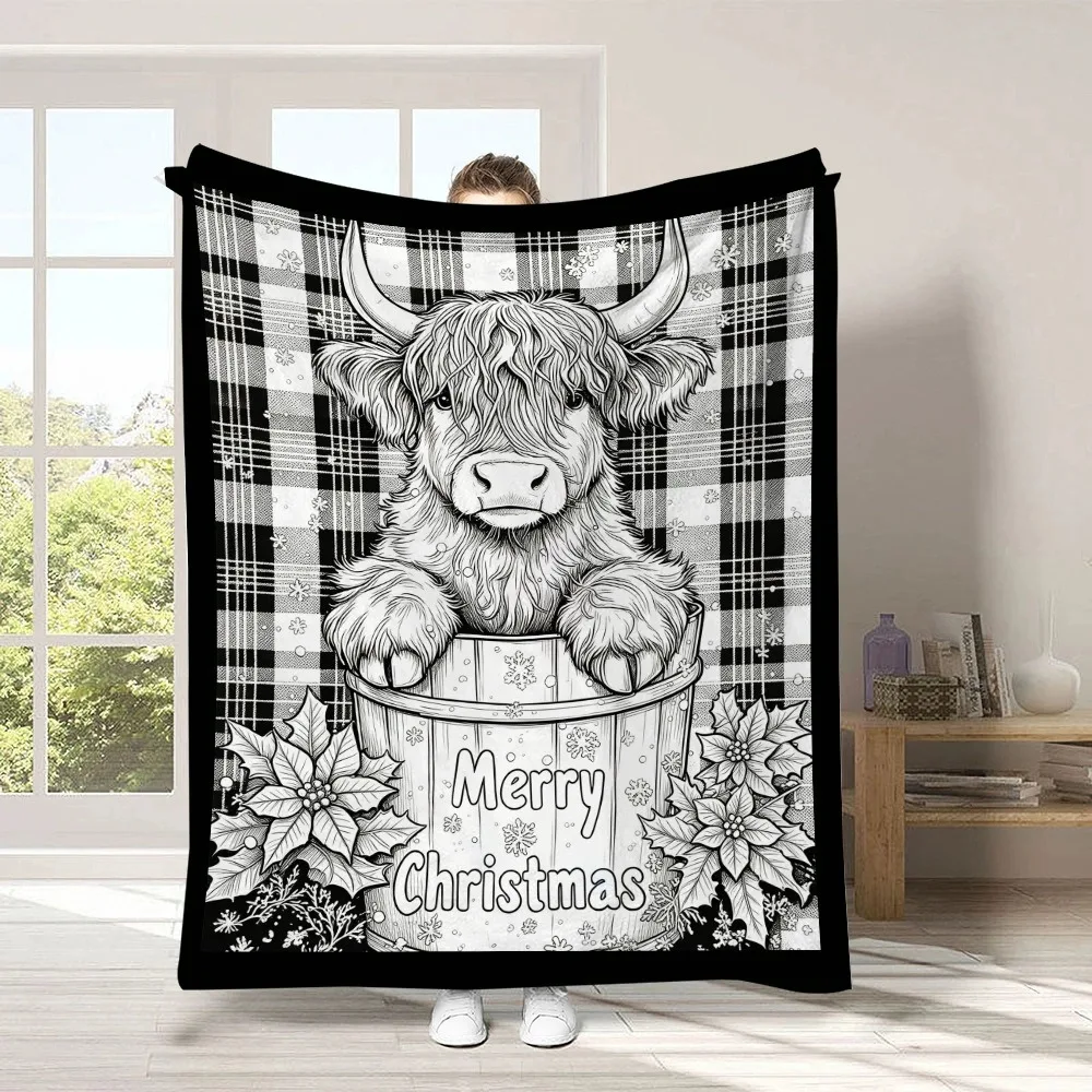 Merry Christmas Highland Cow Blanket Black White Line Art Blanket Portable Blanket for Camping and Holiday Travel