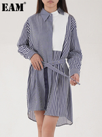 EAM Blue Stripe Spliced Big Size Blouse Women New Lapel Long Sleeve Lace-up Waist Fit Shirt Fashion Spring Autumn 2025 CPDB142