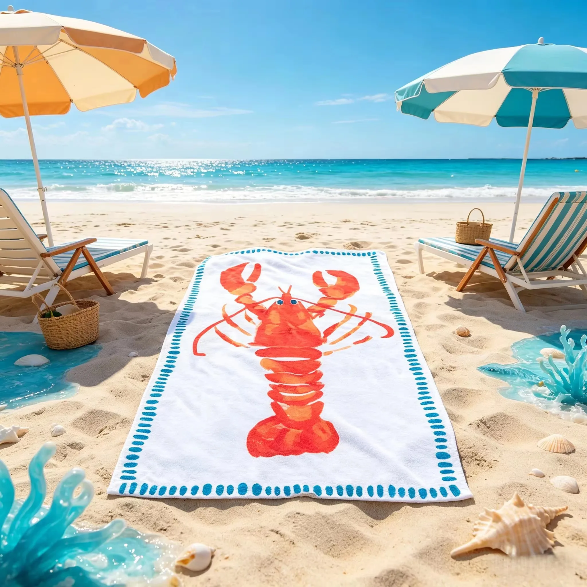 Watercolor Red Lobster Beach Bath Towel Soft Microfiber Absorbent Quick Dry for Travel Pool Beach Navy Blue Trim