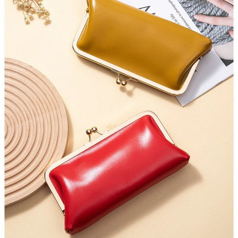 

Large Capacity European Style Long Wallet Women's Vintage Kiss-Lock Wallet Genuine Leather Multi-Functional Women Clutch Bag