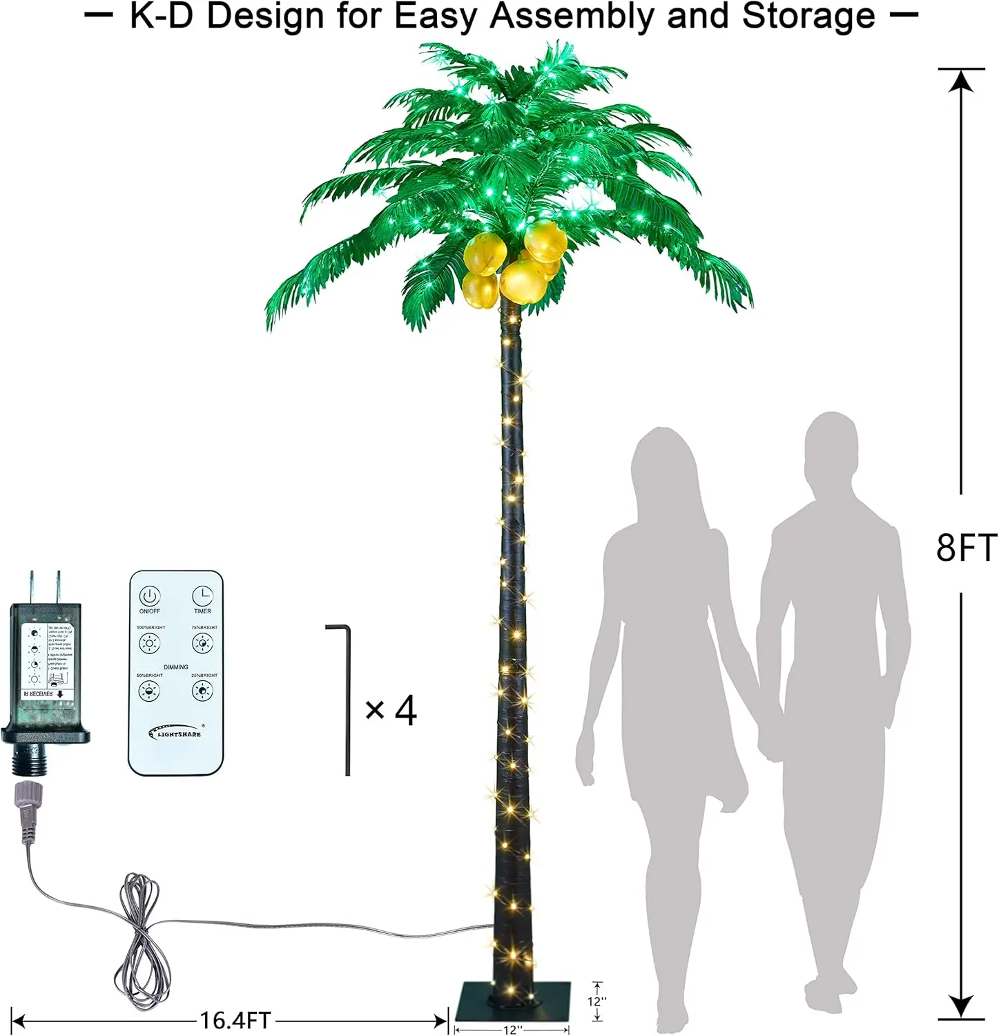 Palmera Artificial iluminada, 256 luces LED, decoración para el hogar, fiesta, Navidad, Natividad, 8 pies