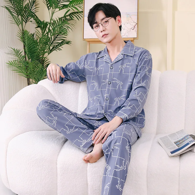 Spring Autumn Men\'s Milk Silk Pajamas Lapel Long Sleeve Cardigan Oversized Fashion Loose Casual Home Clothing Set