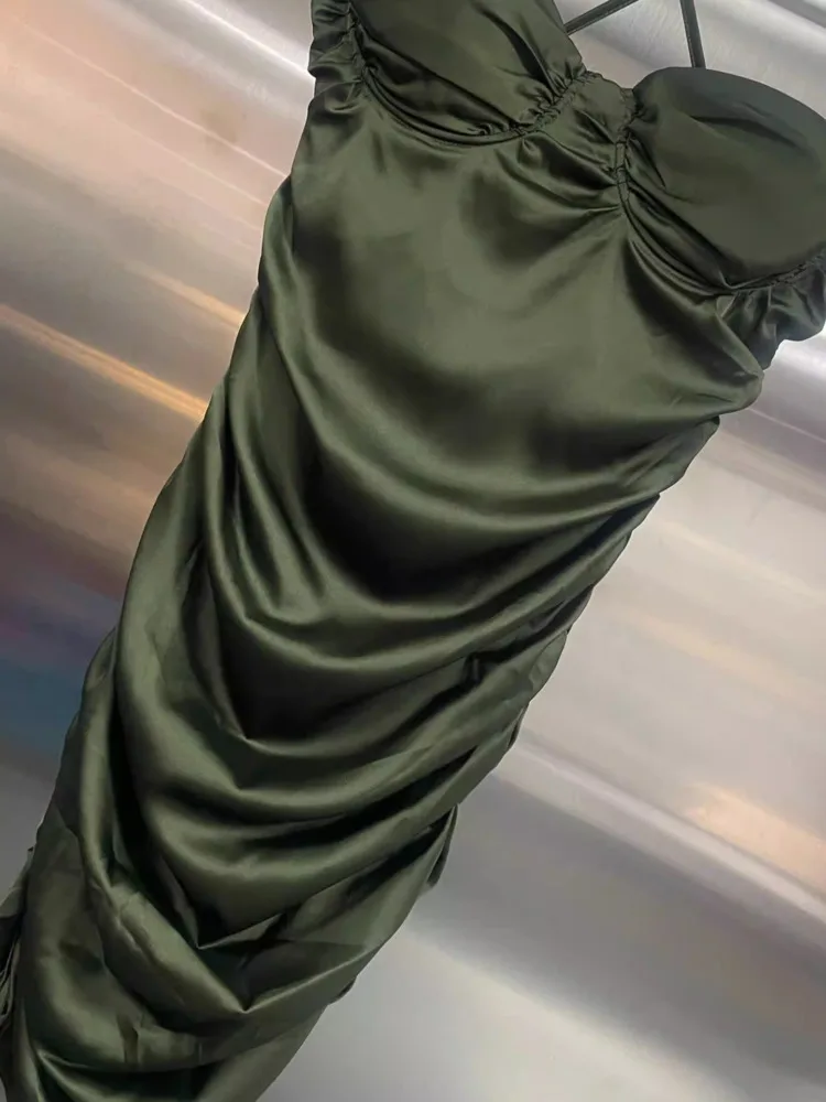 DFDG Dames Lente Zomer Olijf Satijn Ruches Cami-jurk Mini Bodycon Party Clubwear 2025, Trendy Vrouwelijke Mode Outfit Jurk