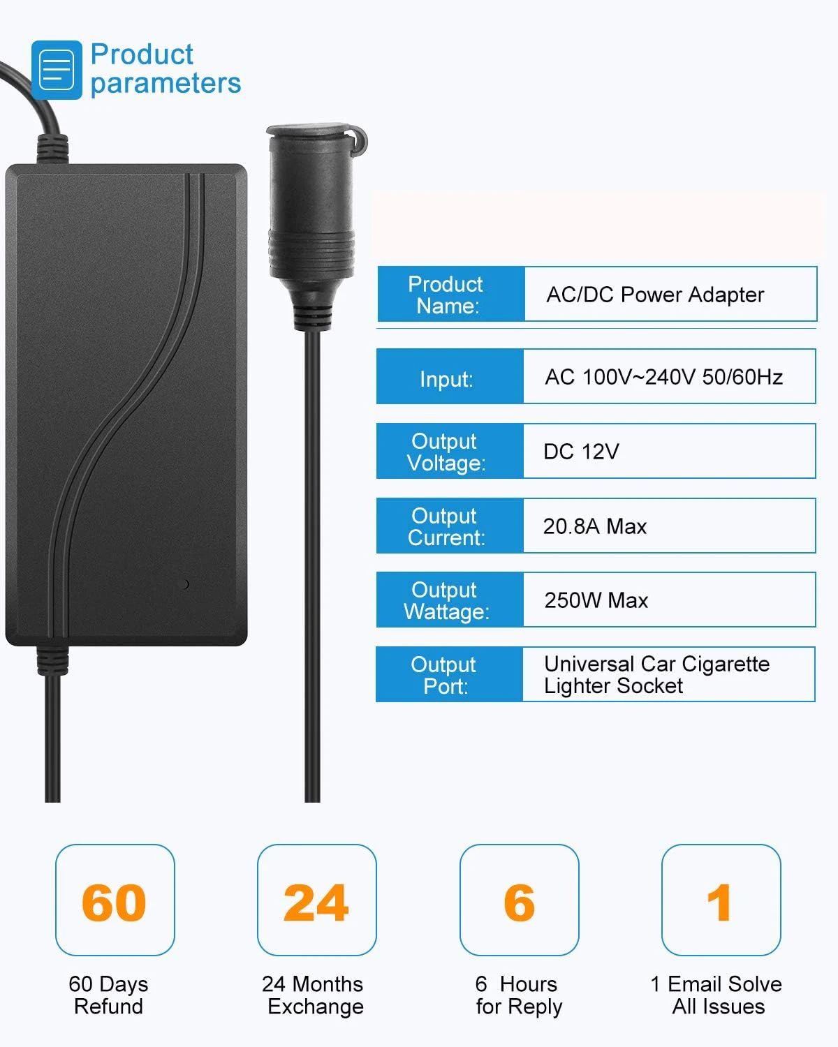 AC to DC Converter 100-240V to 12V 20A 250W Car Cigarette Lighter Power Supply Adapter for Tire Inflator Car Fridge