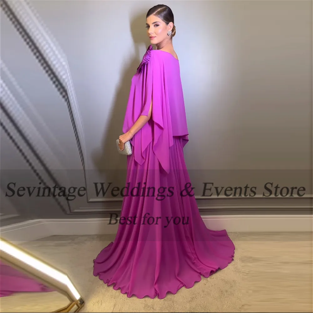 Sevintage Modern Purple Prom Dresses Chiffon O-Neck Cap Slit Sleeves Ruched A-Line Floor Length Party Gowns vestidos de noche