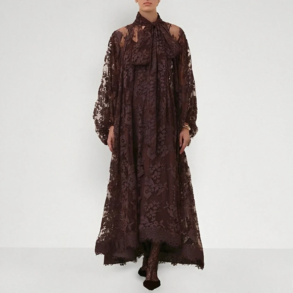 

2025 Australian new hollow jacquard dress for women with sling lace see-through loose ribbon elegant long skirt-GZXX169