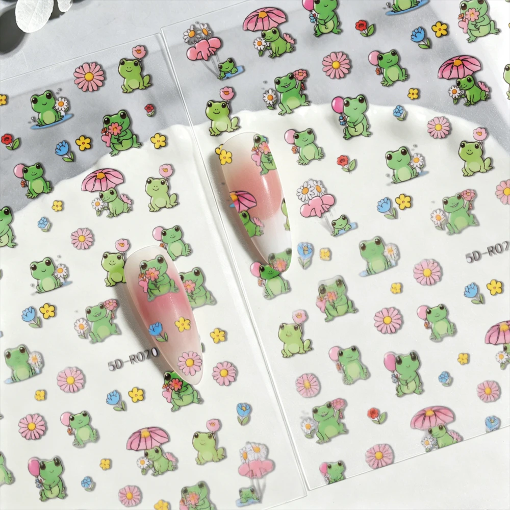 2pcs Cartoon Green Frog Flower Nail Art Stickers Cute Round-eyed Frog Lotus Leaf Nail Decals Blushing Frog Summer Child Stickers view 6