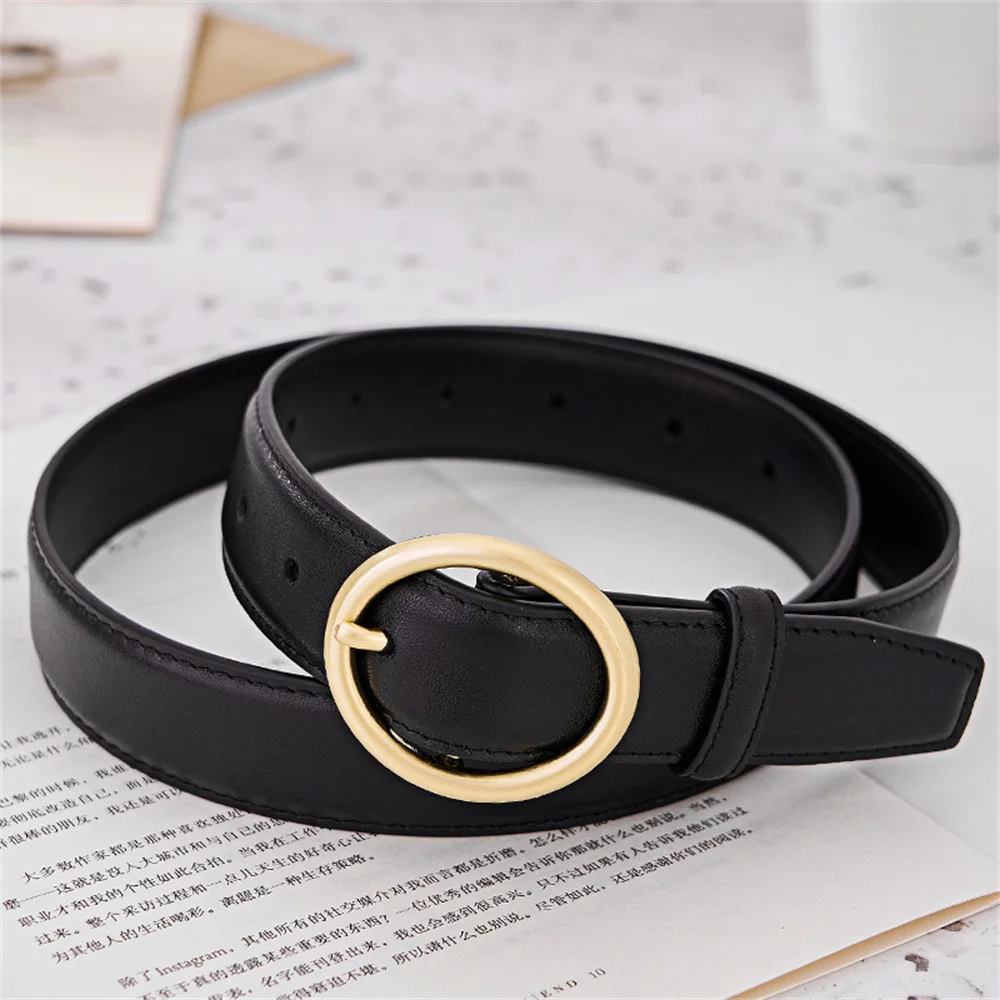 

Простой кожаный ремень с круглой пряжкой для джинсов, женская мода, черный цвет, регулируемый ремень из натуральной кожи, аксессуары