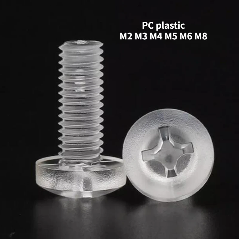 100pcs M2 M3 M4 M5 M6 M8 PC Transparent Pan Head Cross Plastic Screw Acrylic Insulated Plastic Screw Thread Length 6mm-40mm