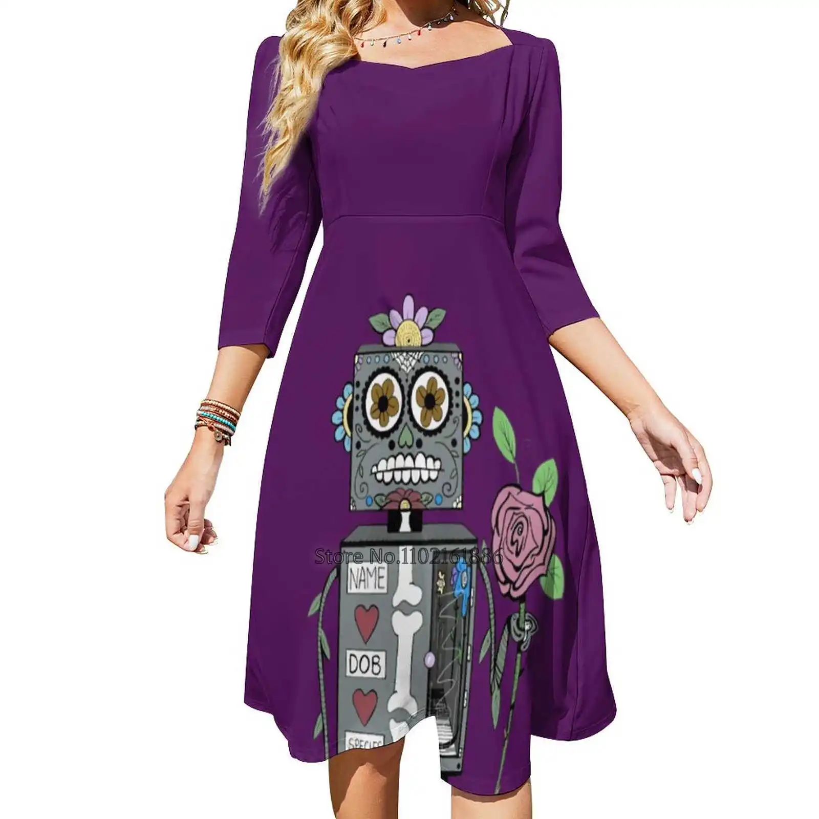 Day Of The Dead Condolence Bot Back Lacing Backless Dress Women Kawaii Square Collar Dress 6Xl Day Of The Dead Dia De Metros