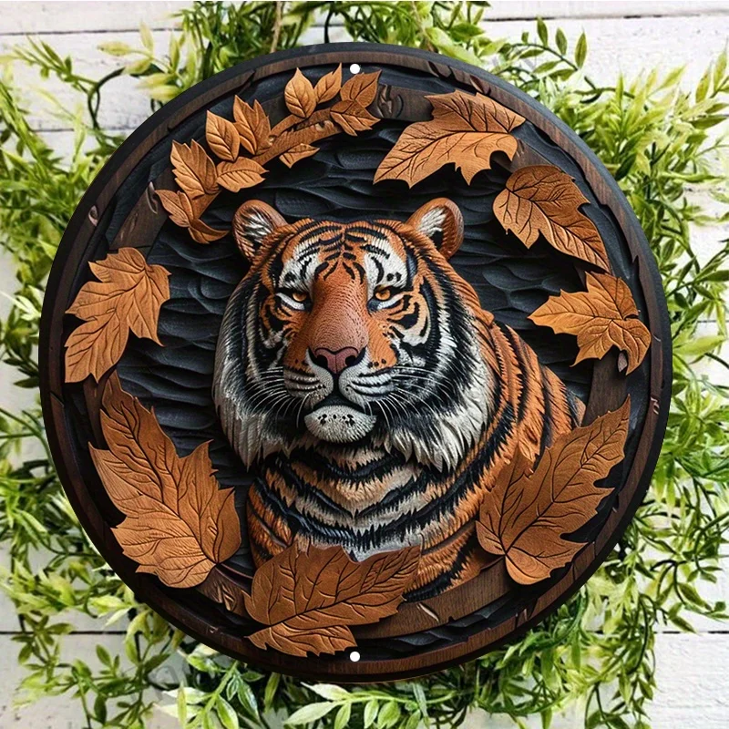 Aluminum Tiger Wall Sign with Leaves, HD Printing, Weather Resistant, Pre-Drilled,Decorative Wall Poster, 8x8in, 11.8x11.8in