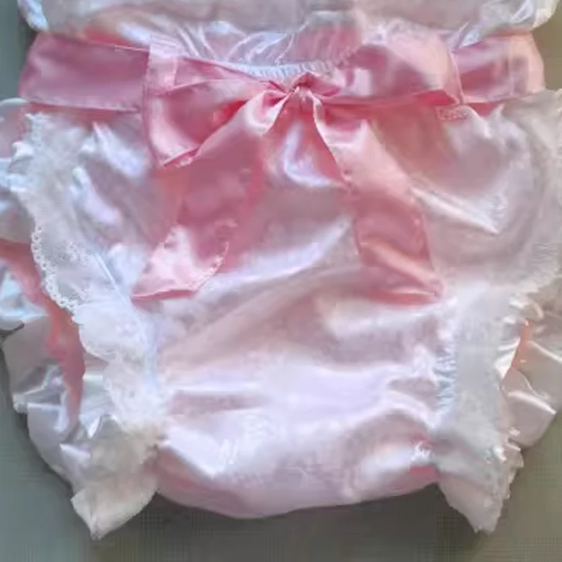 

Имитация шелковых розовых кружевных трусиков-подгузников ABDL с рюшами, высокой талией, застежками на кнопках, кружевной шнуровкой, оборками и бантом, для сисси, DDLG, тренировочные трусики