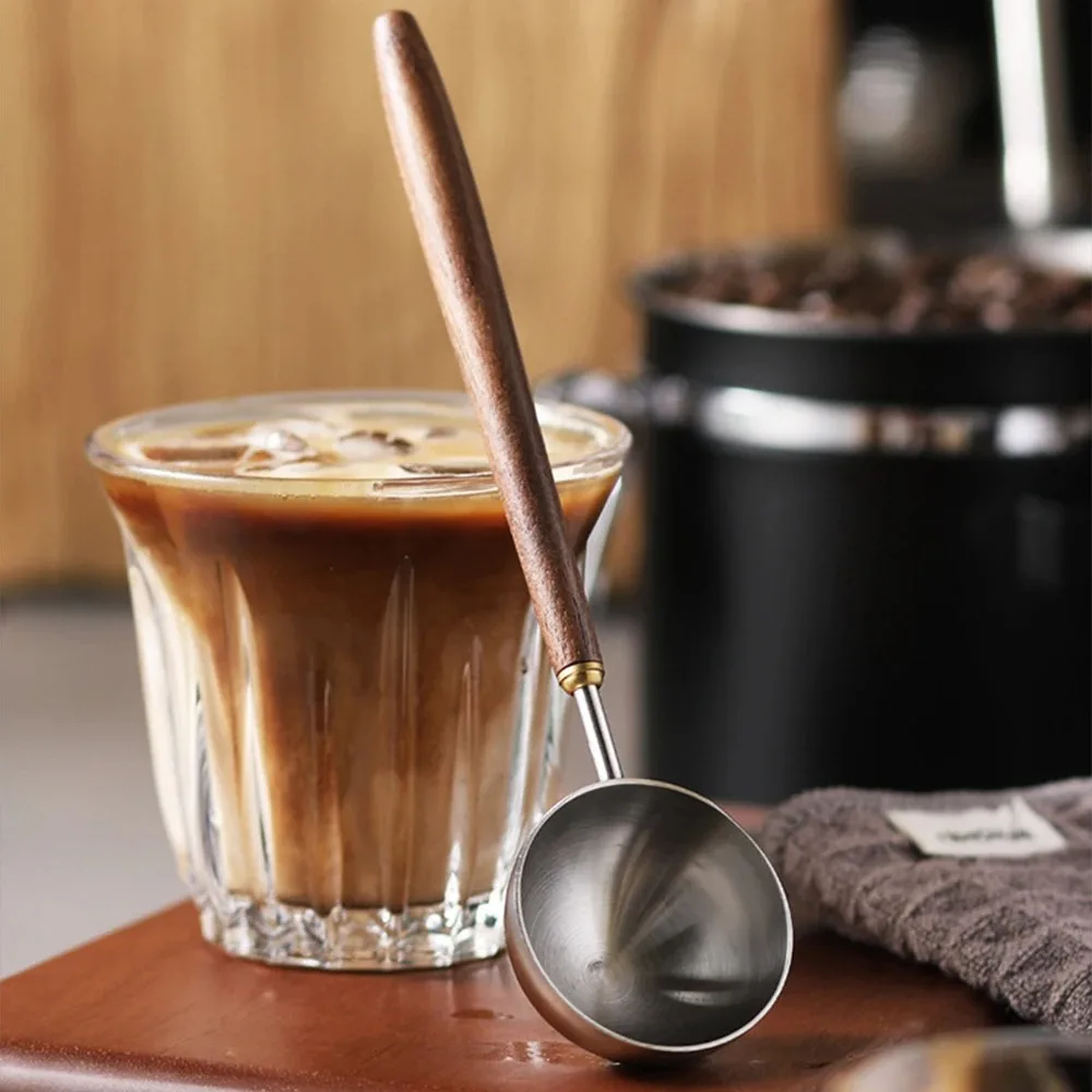 304 Stainless Steel Coffee Bean Measuring Spoons Long Handle 3/8/23ML Coffee Powder Measuring Spoon Walnut Handle Coffee Scoop
