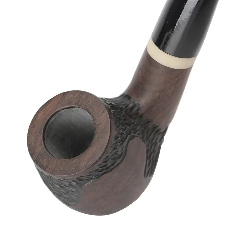 MUXIANG-Ebony Wooden Carved Smoking Pipe, Curved Handle, Imitation Ivory Ring, 9mm Filters, Free 10 Pipe Tools, wgac0024k01