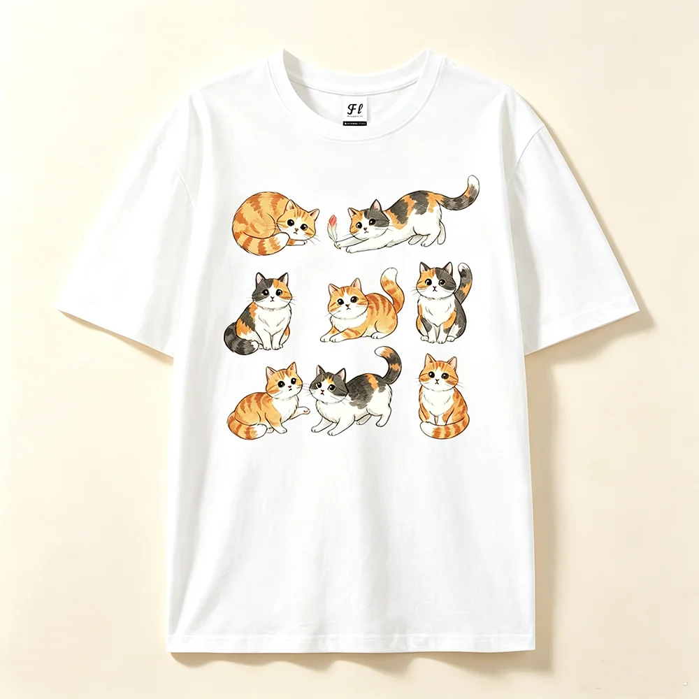 Cute Calico Cats Print White T Shirt Cartoon Kitten Graphic Oversized Short Sleeve Tees Casual Aesthetic Loose Cotton T-shirt