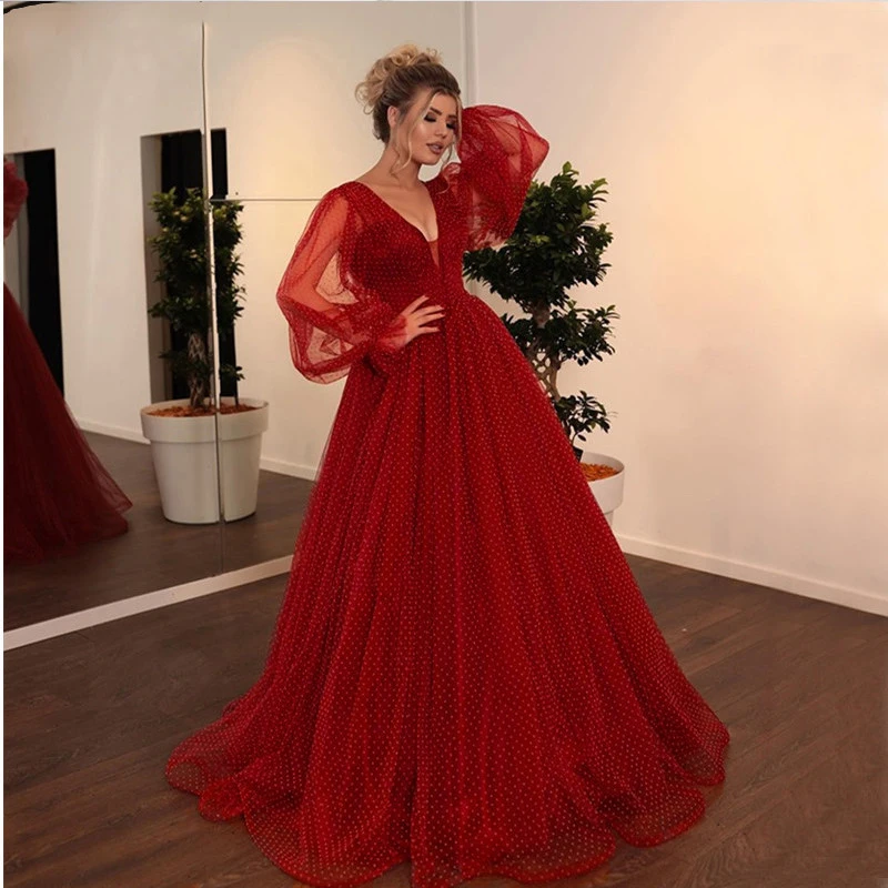 

Gorgeous Red Prom Dresses Long Puffy Sleeve Dot Tulle Party Evening Dress 2024 Women Vestido de fiesta