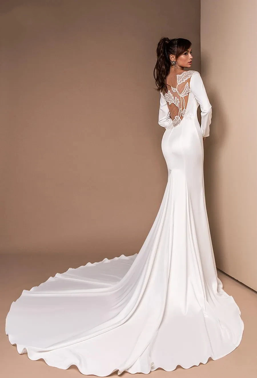 Lussuoso sexy sirena girocollo spacco laterale abito da sposa manica lunga pizzo invisibile backless decalcomania abito da sposa bohémien