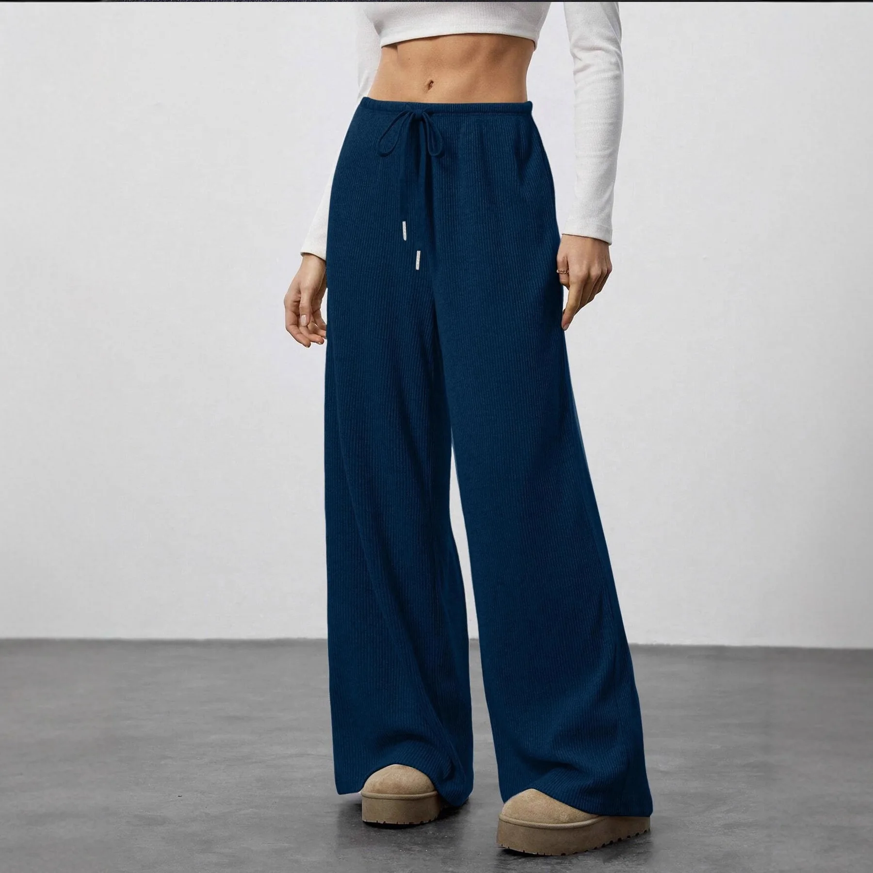 Women's Casual Trousers Draped Style Spring Summer Fashion Drawstring Wide Leg Long Pants Low Waist Loose Fit Other Material