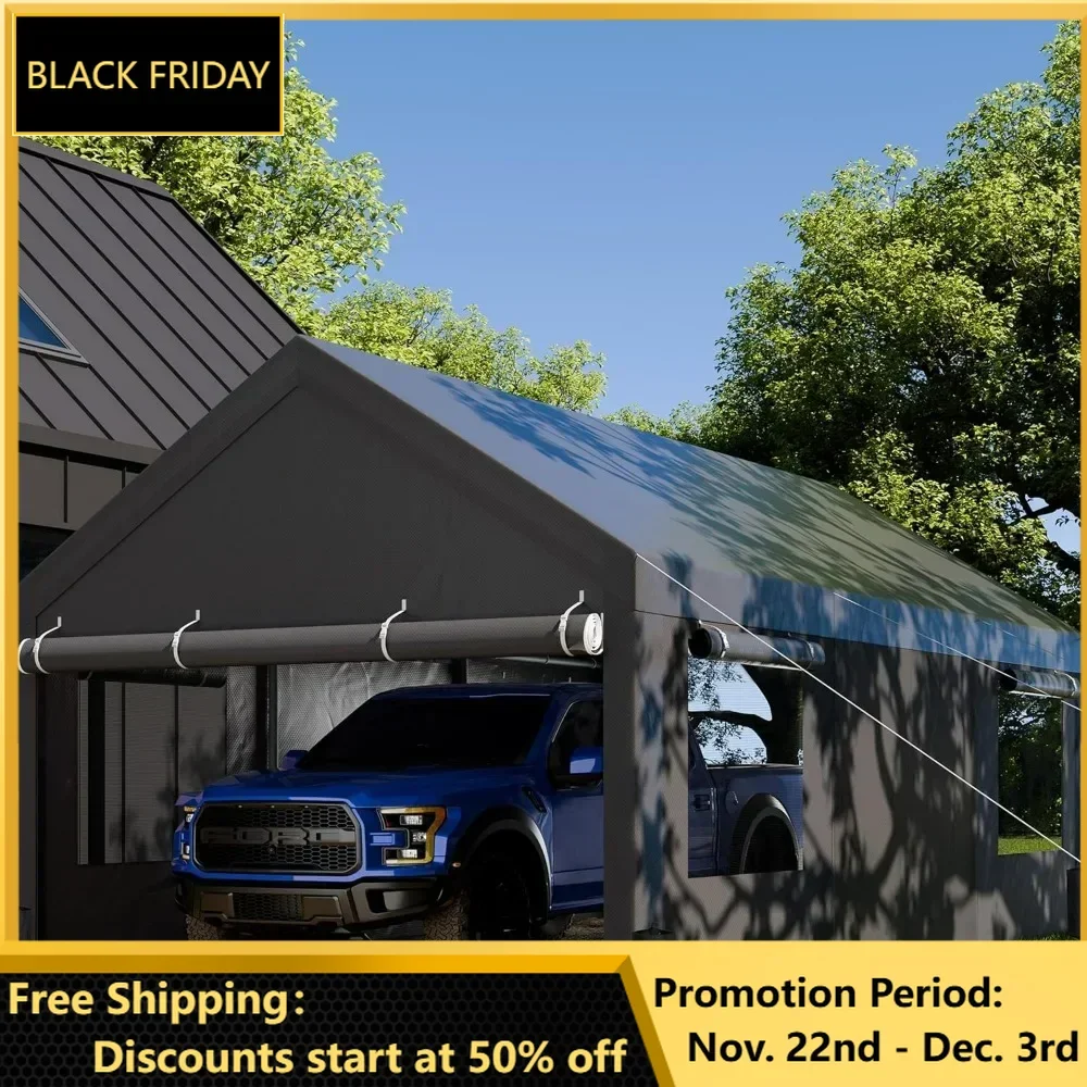 Carport, Heavy Duty Carport with Roll-up Windows and Removable Sidewalls & Doors with Sandbags and All-Season Tarp, Carport