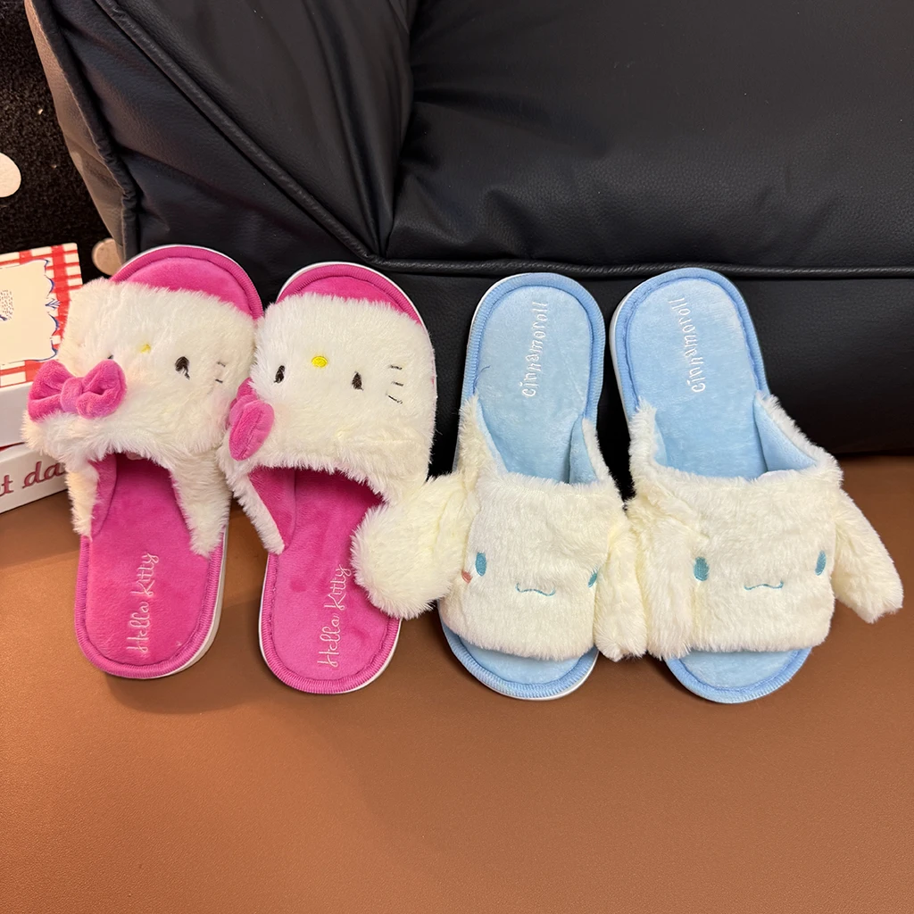 만화 헬로 키티 Cinnamoroll 플러시 오픈 토 슬리퍼 귀여운 애니메이션 부드러운 실내 홈 슬리퍼 여성 소녀 플랫 미끄럼 방지 컴포트
