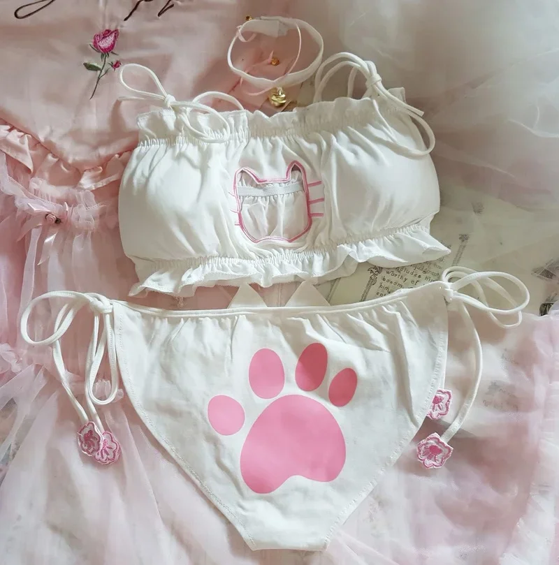 Japanese Anime Cat Girl Cosplay Bra Panties Set Women Sexy Lingerie Underwear Intimates Kawaii Lolita Hollow Out Kitty Nightwear