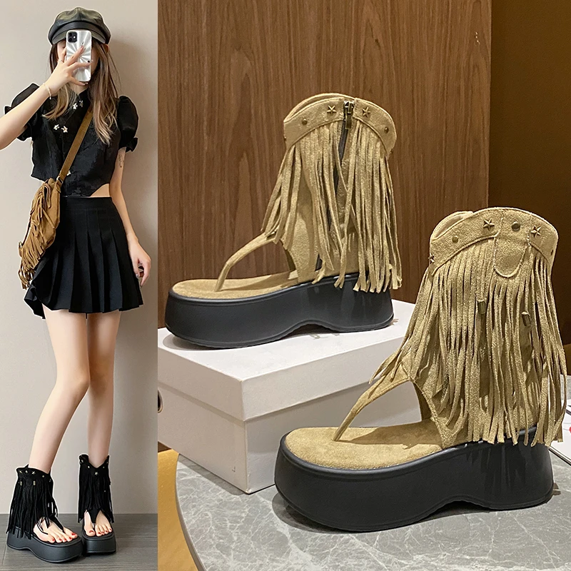 2024 Chunky Heels Sandals Punk High-Top Tassels Shoes Women Open Toe Platform Wedge Heels Summer Sandale  Femme