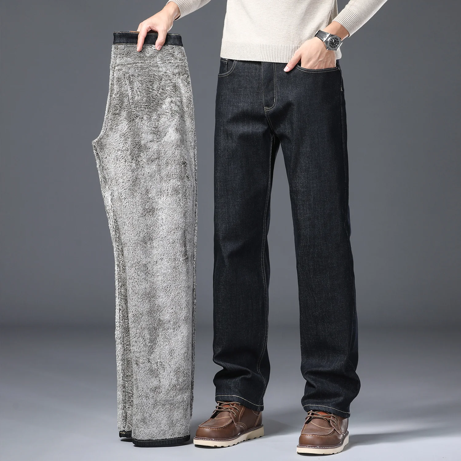 Winter Fleece Warme Jeans Mannen Business Rechte Denim Broek Pluche Massaal Werk Dikke Buiten Broek Mannelijke Plus Size 28-40