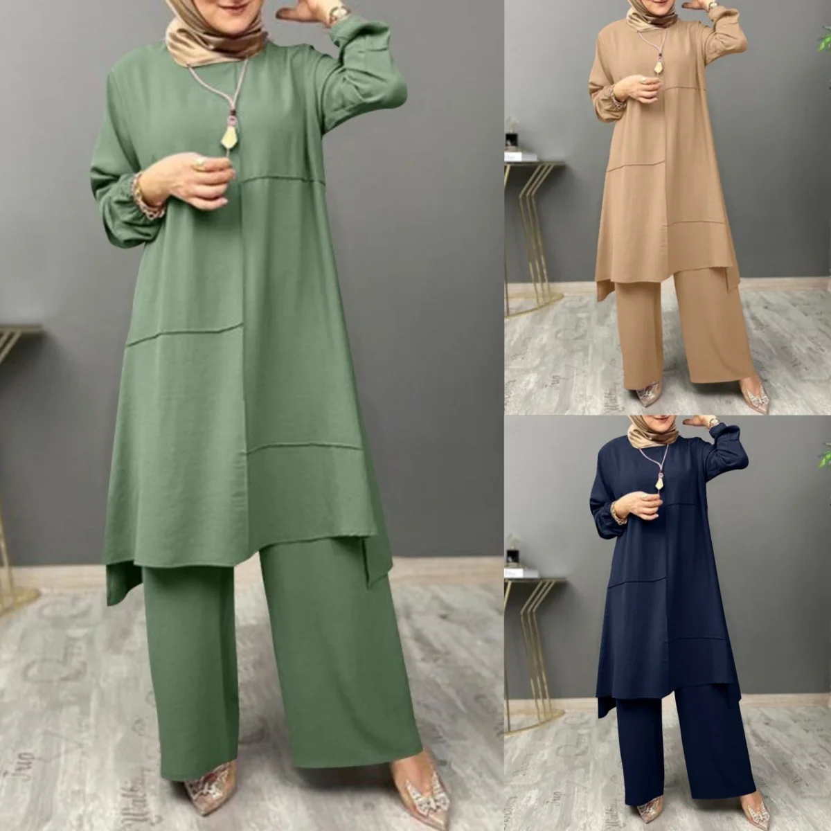 Ramadan Muslim Casual Outfits Women Two Piece Set Long Blouse Top Wide Leg Pants Suit Morocco Dubai Trousers Arab Ensemble