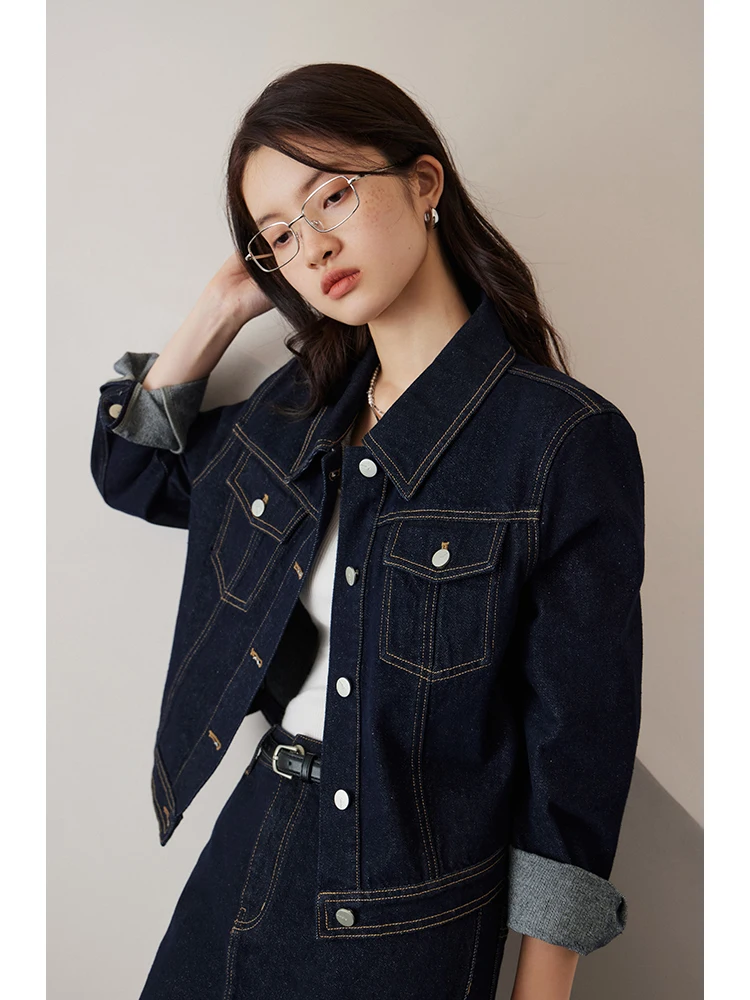 ZIQIAO Giacca di jeans blu scuro retrò stile casual per donna 2023 Autunno recentemente allentato tutto-fiammifero pendolari giacca corta cappotto