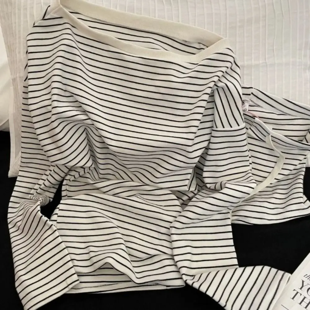 Comfortable Off Shoulder Long-Sleeved Pajamas Drawstring Waist Two Piece Pajamas Set Long Sleeve Striped Pajamas Outerwear