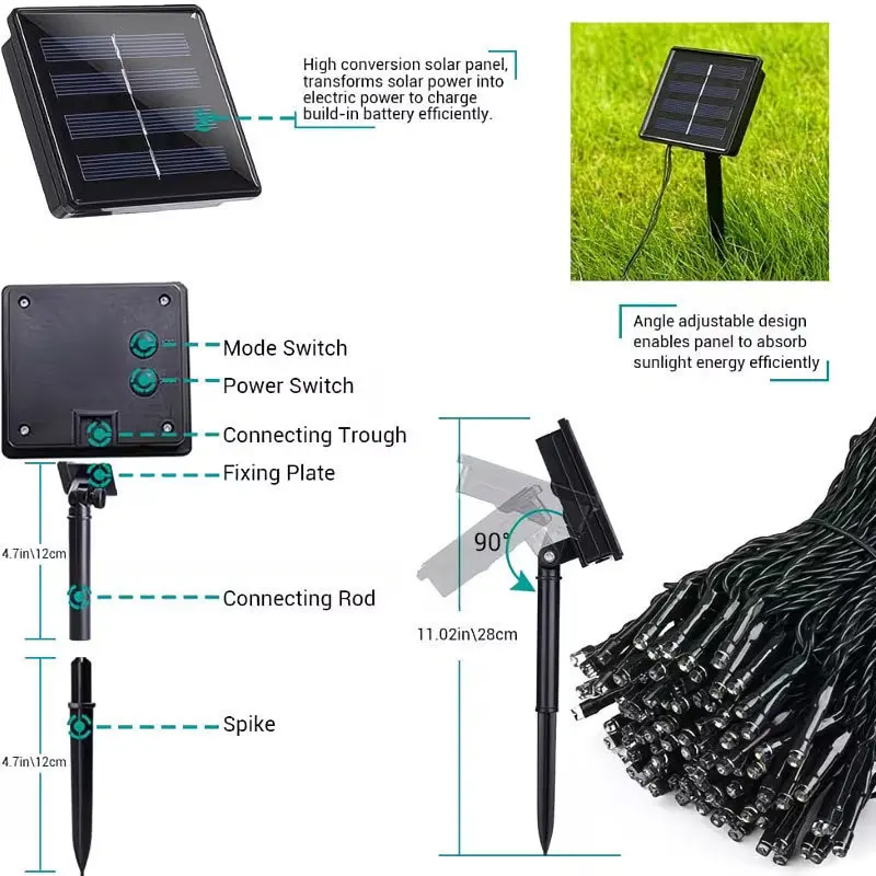Solar Power String Lights Outdoor Waterproof LED Fairy Lights Waterproof Christmas Garland Lights for Outside Tree Party Decor