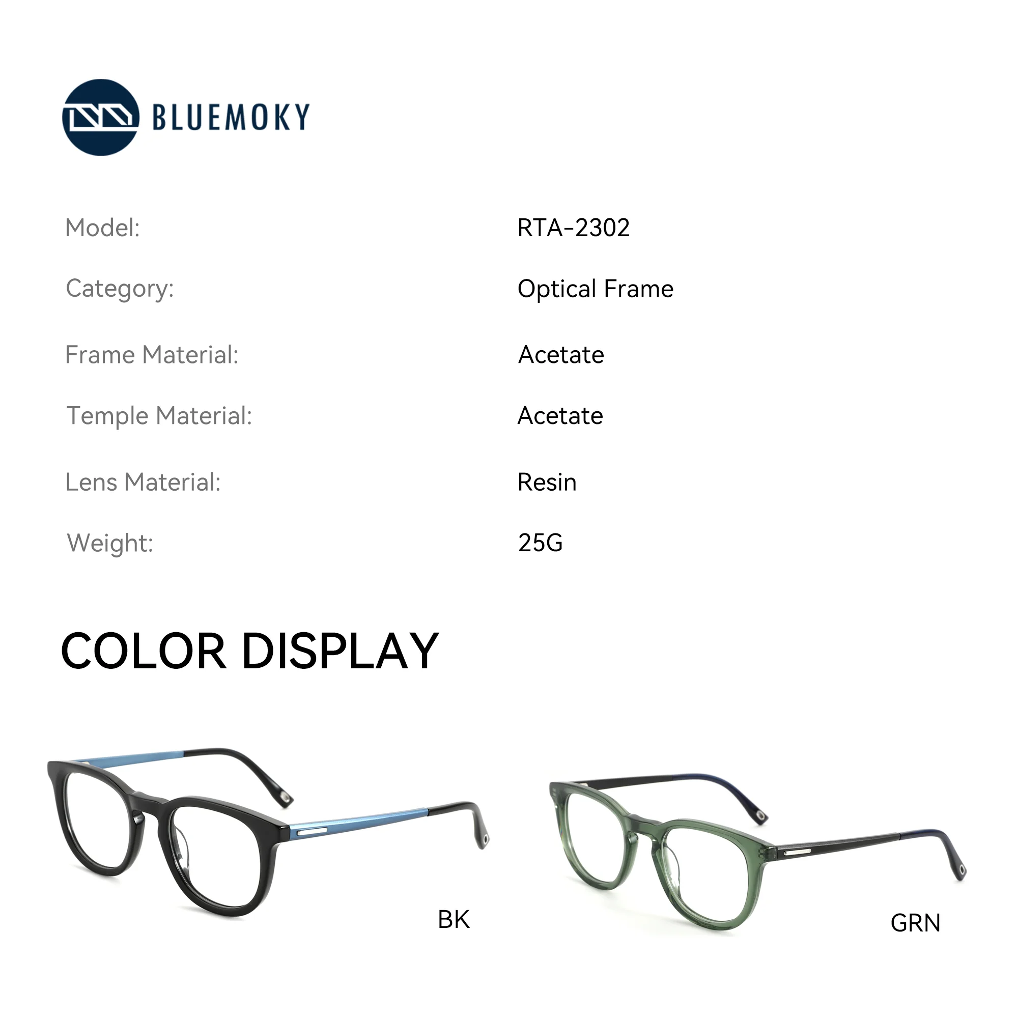 BLUEMOKY (مقاس M) النساء والرجال وصفة طبية مستديرة من الأسيتات نظارات بصرية مصححة متعددة البؤر لقصر النظر مضادة للضوء الأزرق جمالية